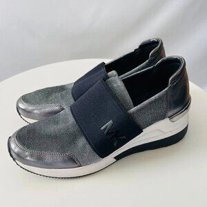 Michael Kors Womens Silver Felix Metallic Textile Leather Trainer Sneakers Sz 9M